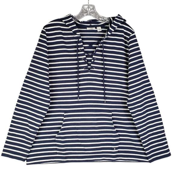LL Bean Hoodie Womens Large L Blue Striped Henley Nautical Sweatshirt Casual - Picture 2 of 11